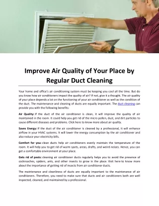 Improve Air Quality of Your Place by Regular Duct Cleaning