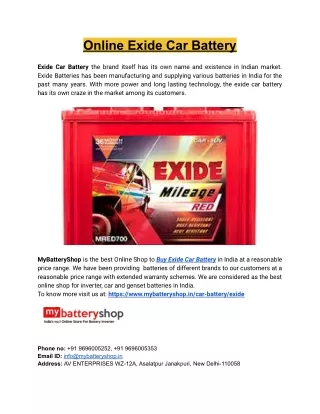 Buy Exide Car Battery- MyBatteryShop