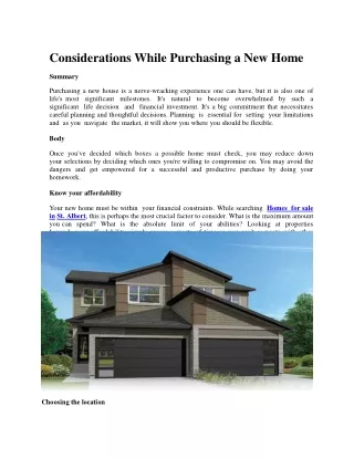 Considerations While Purchasing a New Home