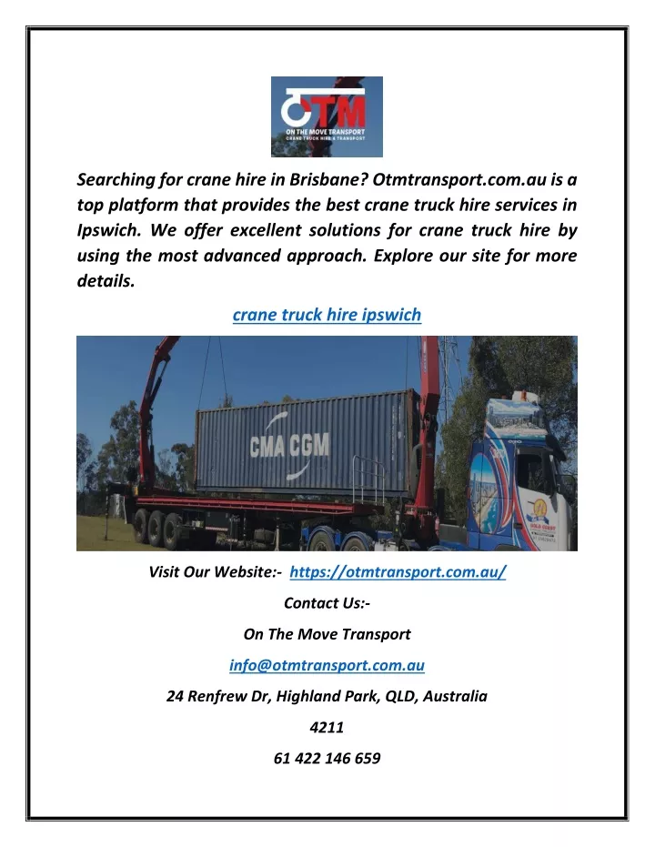 searching for crane hire in brisbane otmtransport