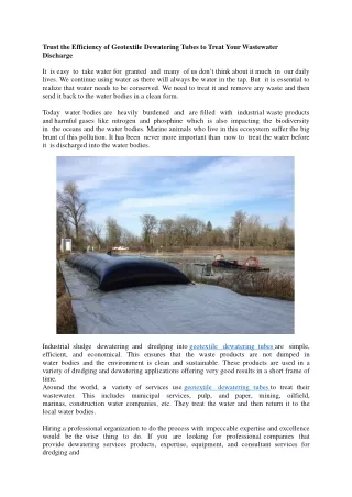 Trust the Efficiency of Geotextile Dewatering Tubes to Treat Your Wastewater Discharge