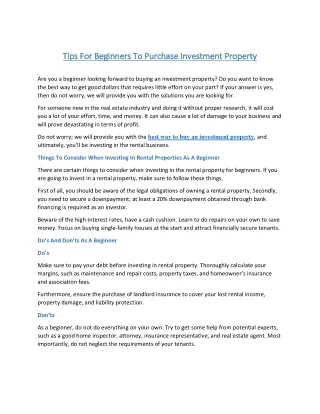 tips for beginners to purchase investment
