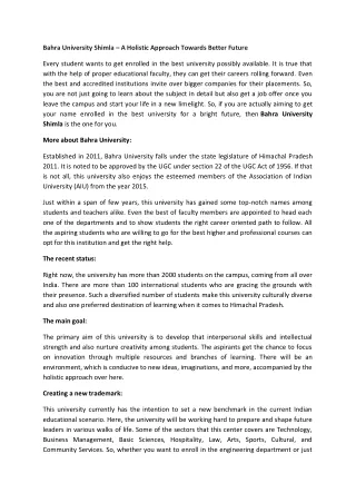 Bahra University Shimla – A Holistic Approach Towards Better Future