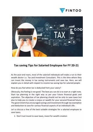 Tax Saving Tips for Salaried Employee for FY21