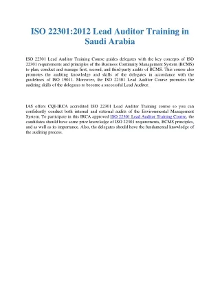 iso 22301 2012 lead auditor training in saudi