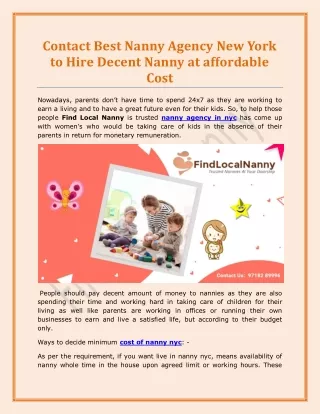 Contact Best Nanny Agency New York to Hire Decent Nanny at affordable Cost