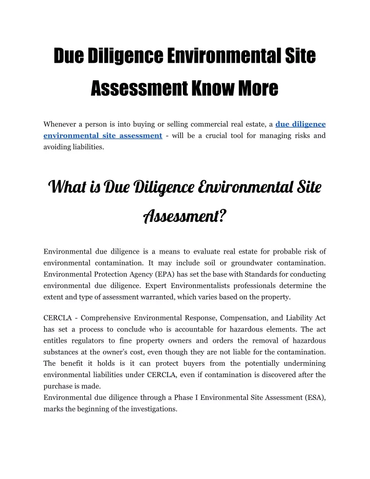 due diligence environmental site assessment know