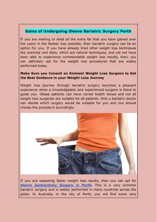 Gains of Undergoing Sleeve Bariatric Surgery Perth