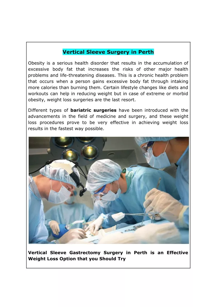 vertical sleeve surgery in perth
