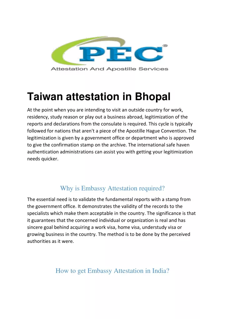 taiwan attestation in bhopal