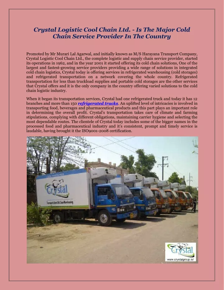 crystal logistic cool chain ltd is the major cold