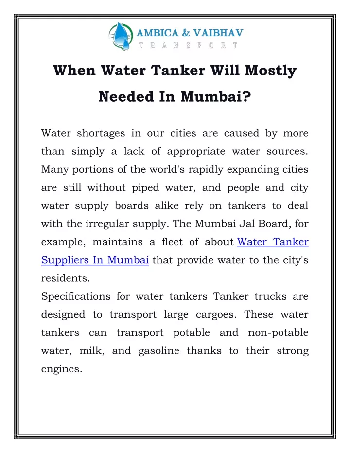 when water tanker will mostly