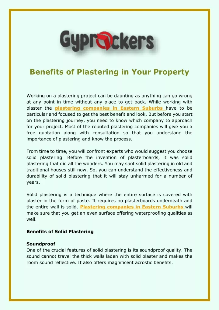 benefits of plastering in your property