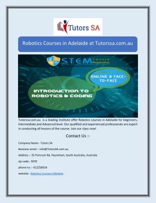 robotics courses in adelaide at tutorssa com au