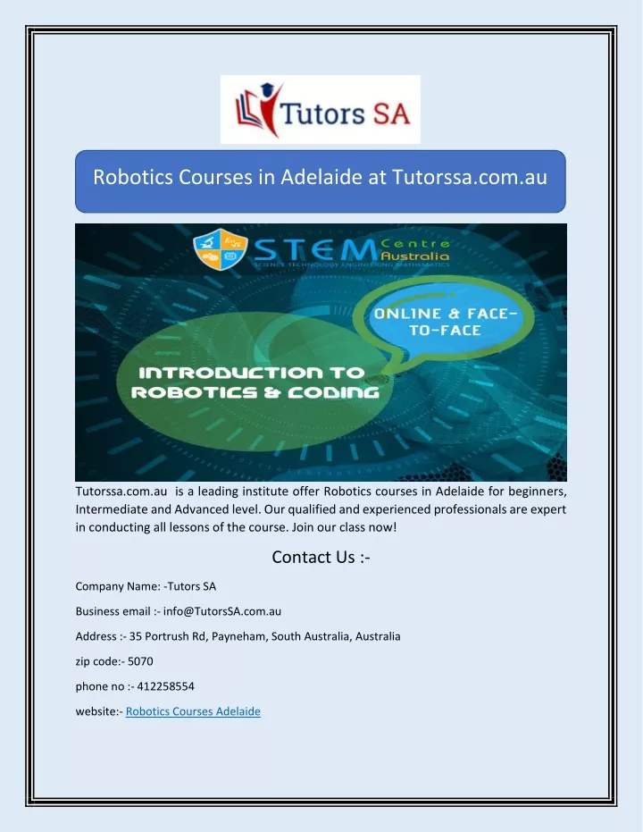 robotics courses in adelaide at tutorssa com au