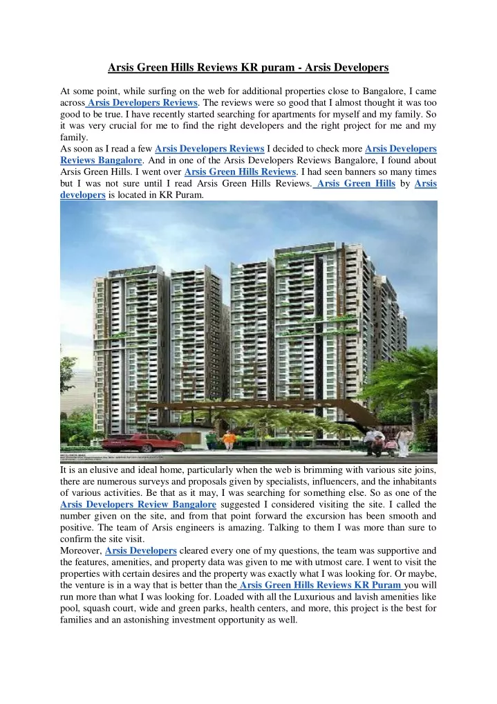 arsis green hills reviews kr puram arsis