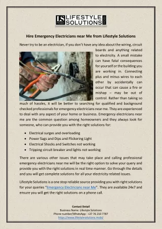 Hire Emergency Electricians near Me from Lifestyle Solutions
