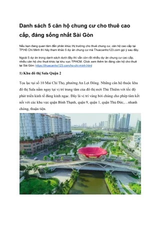 Danh sách 5 căn hộ chung cư cho thuê cao cấp, đáng sống nhất Sài Gòn