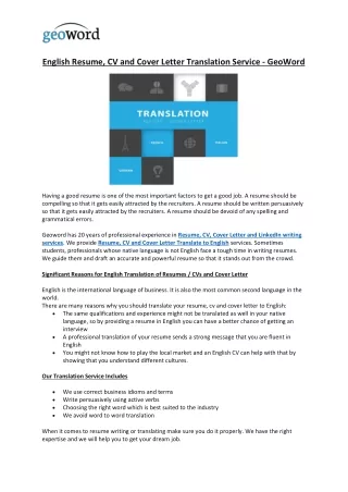 English Resume, CV and Cover Letter Translation Service - GeoWord