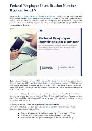 Federal Employer Identification Number  Request for EIN