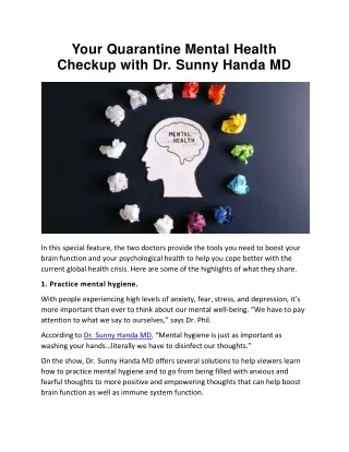 Your Quarantine Mental Health Checkup with Dr. Sunny Handa MD