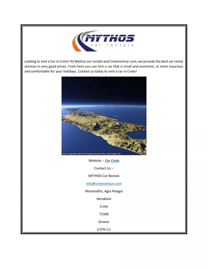 looking to rent a car in crete at mythos