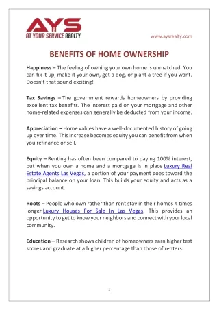 BENEFITS OF HOME OWNERSHIP