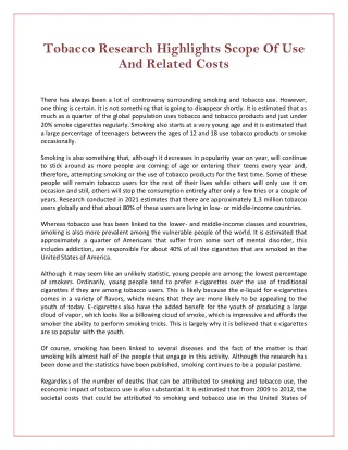 Tobacco Research Highlights Scope Of Use And Related Costs