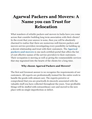 Agarwal Packers and Movers_ A Name you can Trust for Relocation