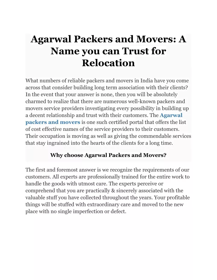 agarwal packers and movers a name you can trust