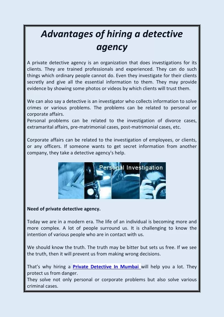 advantages of hiring a detective agency