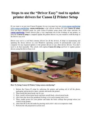 Steps to use the “Driver Easy” tool to update printer drivers for Canon IJ Printer Setup