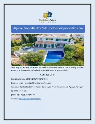 Algarve Properties For Sale| Goldenvisaproperties.com