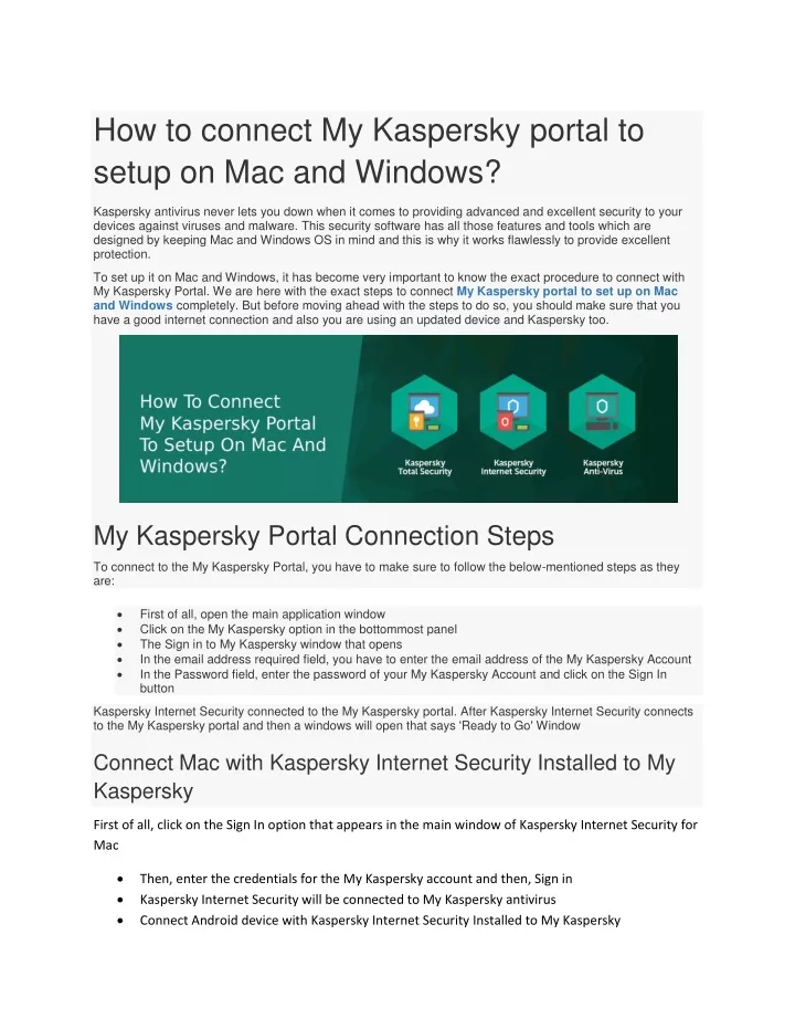 how to connect my kaspersky portal to setup