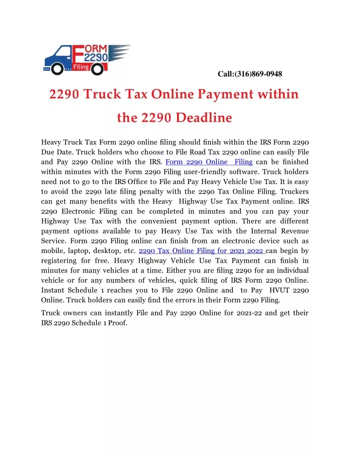 2290 truck tax online payment within the 2290 deadline