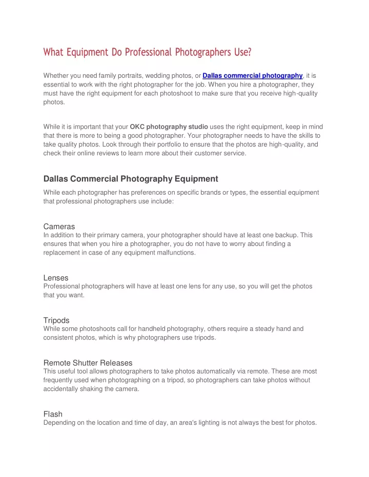 what equipment do professional photographers use