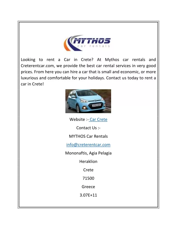 looking to rent a car in crete at mythos