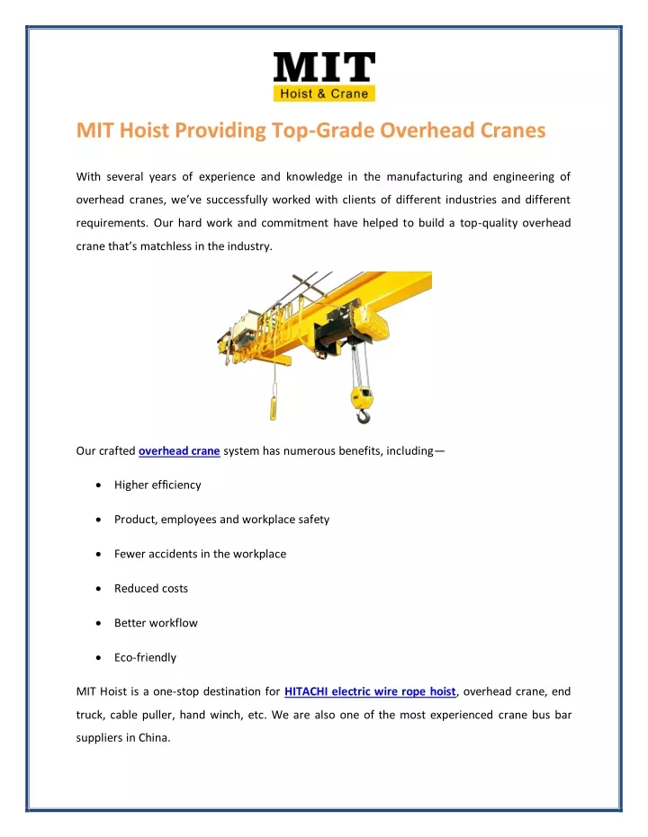 mit hoist providing top grade overhead cranes