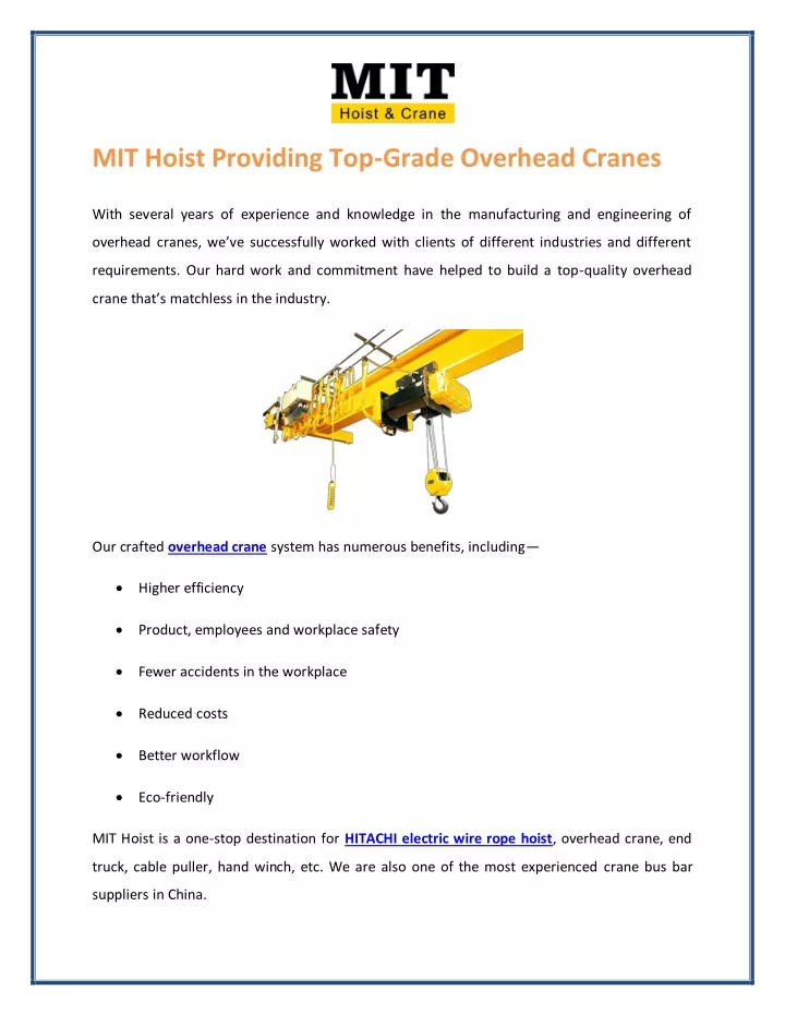 PPT - MIT Hoist Providing Top-Grade Overhead Cranes PowerPoint ...