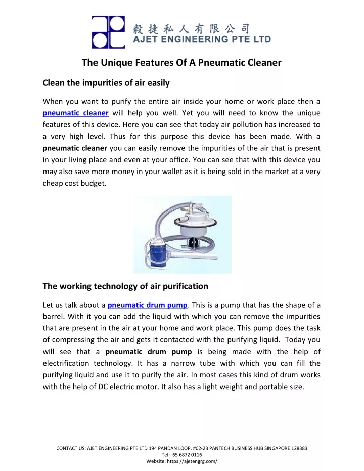 the unique features of a pneumatic cleaner