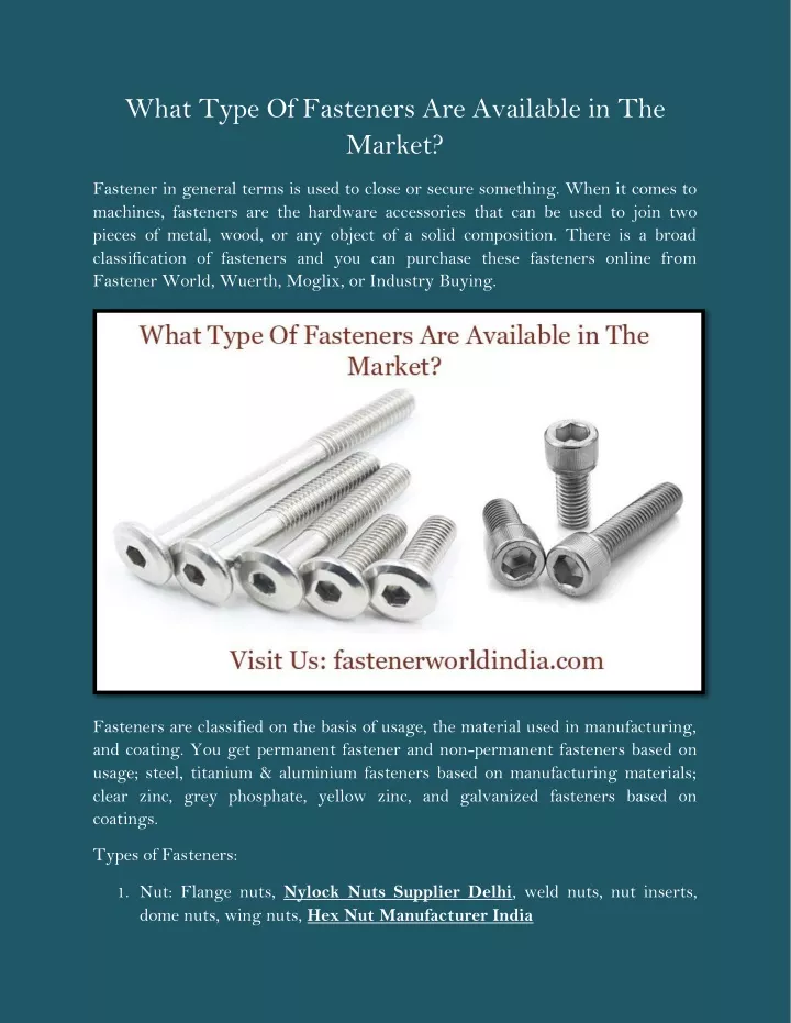 what type of fasteners are available in the market