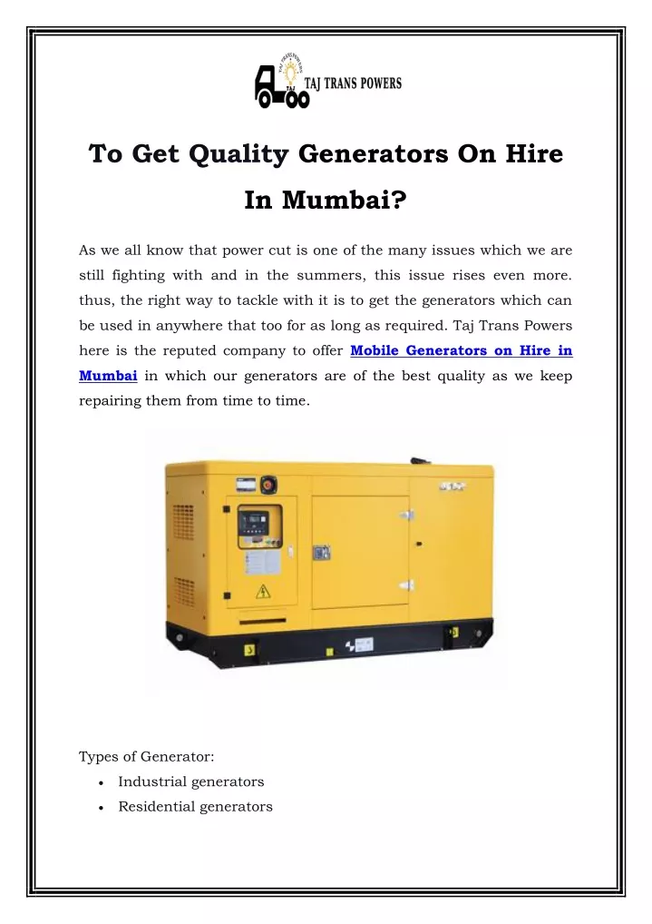 to get quality generators on hire