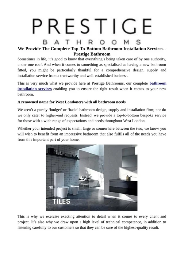 We Provide The Complete Top-To-Bottom Bathroom Installation Services - Prestige Bathroom