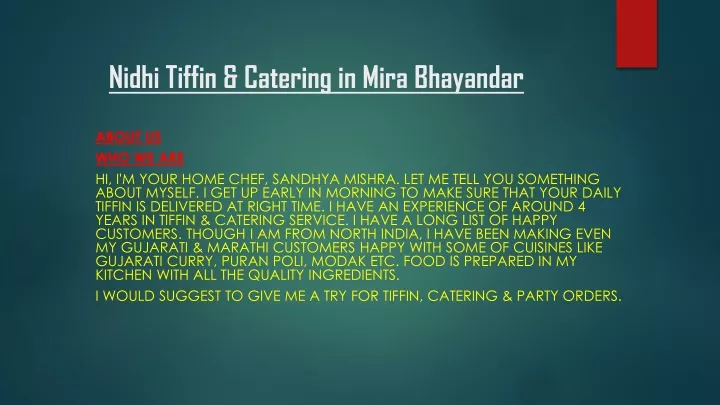 nidhi tiffin catering in mira bhayandar