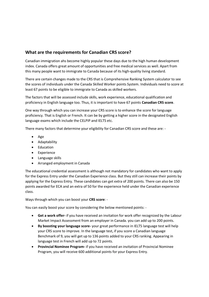 what are the requirements for canadian crs score