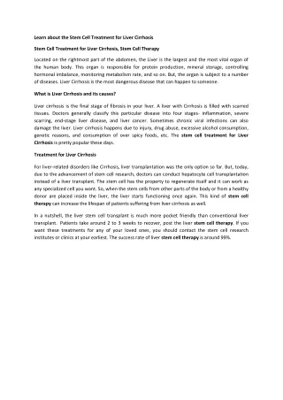 Stem Cell Treatment for Liver Cirrhosis