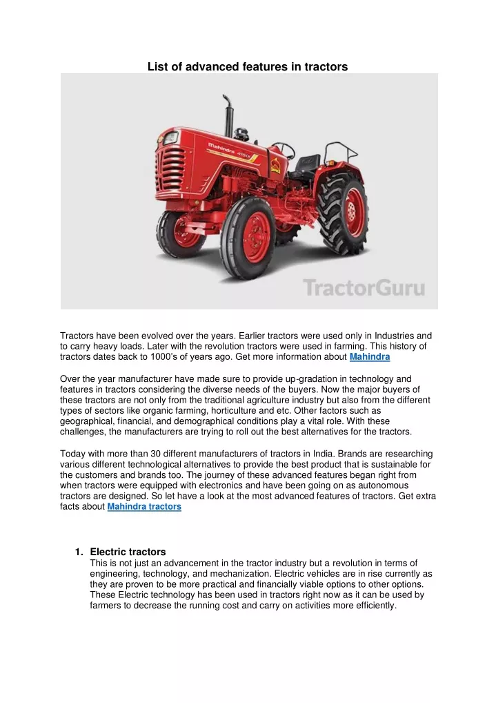 list of advanced features in tractors