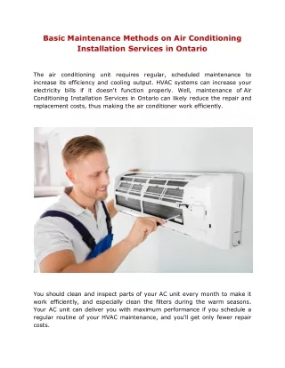 Basic Maintenance Methods on Air Conditioning Installation Services in Ontario