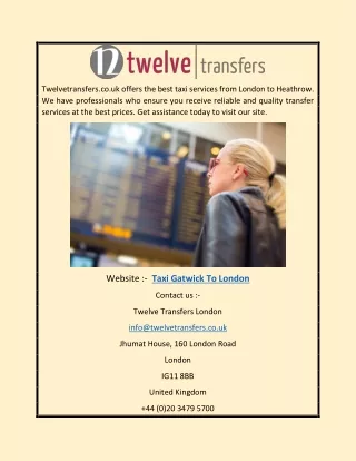 Taxi Gatwick To London | Twelvetransfers.co.uk