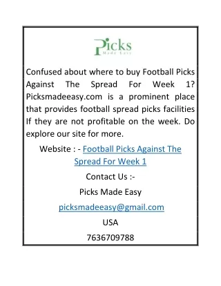Football Picks Against The Spread For Week 1 | Picksmadeeasy.com